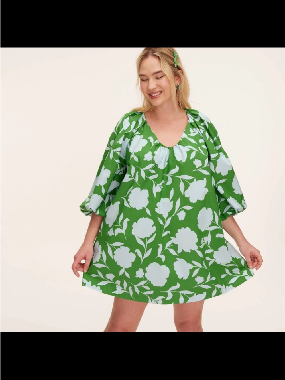 Kate Spade Green Floral Mini Dress With Puffed Sleeves